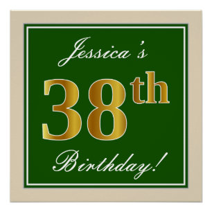 Pôster Elegante, Verde, Faux Dourado 38º Aniversário + 