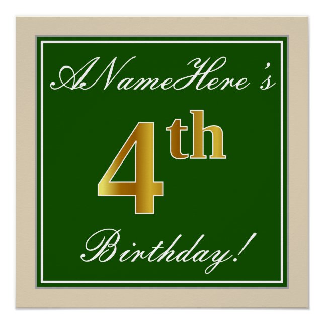 Pôster Elegante, Verde, Faux Dourado 4º Aniversário + Nom (Frente)