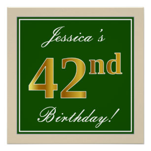 Pôster Elegante, Verde, Faux Dourado 42º Aniversário + 