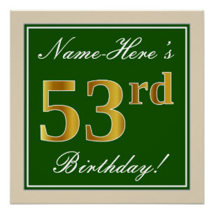 Pôster Elegante, Verde, Faux Dourado 53º Aniversário + 