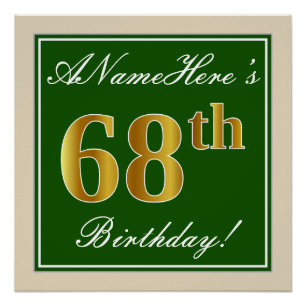 Pôster Elegante, Verde, Faux Dourado 68. Aniversário + N