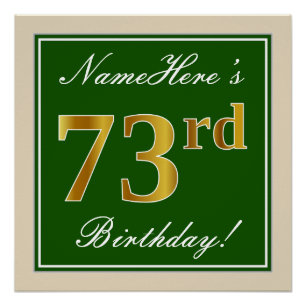 Pôster Elegante, Verde, Faux Dourado 73º Aniversário + 