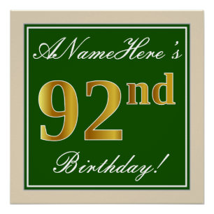 Pôster Elegante, Verde, Faux Dourado 92º Aniversário + 