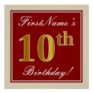 Pôster Elegante, Vermelho, Faux Dourado 10º Aniversário; 