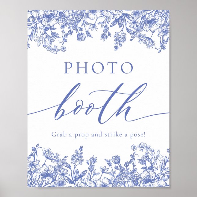 Poster Elegante Vintage Blue Floral Booth Sinal (Frente)