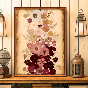Poster Elegante Vintage Pressionou Arte de Muro de Flor