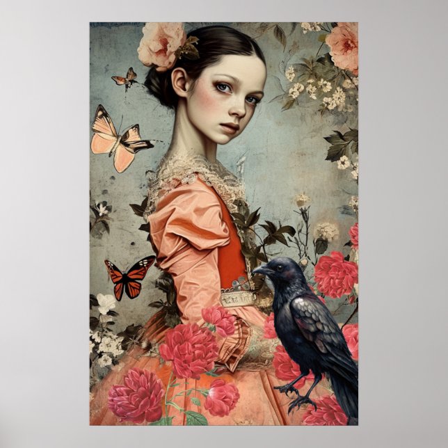 Poster Elegante vitoriana gótica Floral & Raven (Frente)