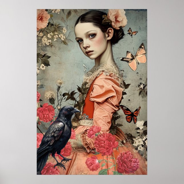 Poster Elegante vitoriana gótica Floral & Raven (Frente)
