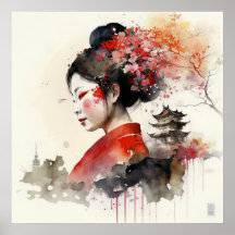 Elegante Watercolor Geisha Retrato