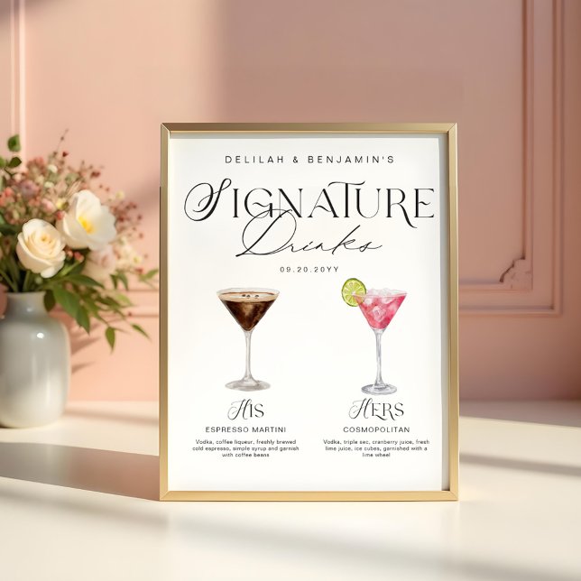 Poster Elegante Watercolor Seu Casamento De Bebida Signat (Elegant Watercolor His Her Signature Drink Wedding Poster)