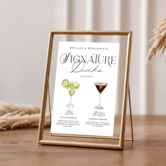 Poster Elegante Watercolor Seu Casamento De Bebida Signat (Elegant Watercolor His Her Signature Drink Wedding Poster)