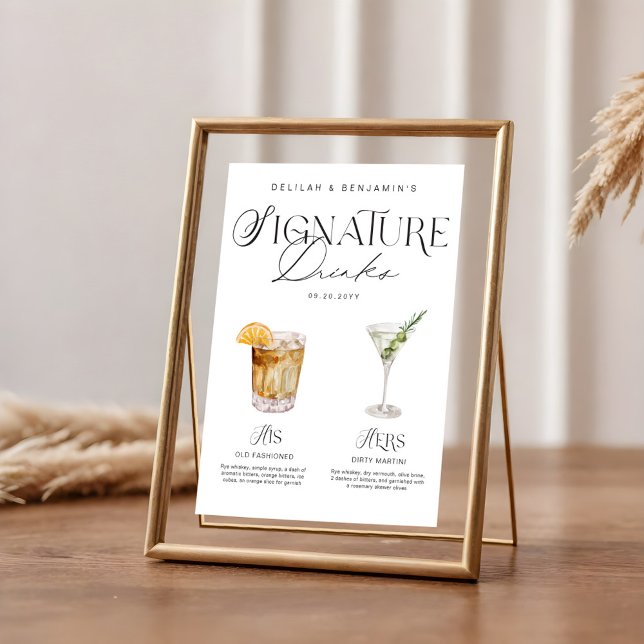 Poster Elegante Watercolor Seu Casamento De Bebida Signat (Elegant Watercolor His Her Signature Drink Wedding Poster)