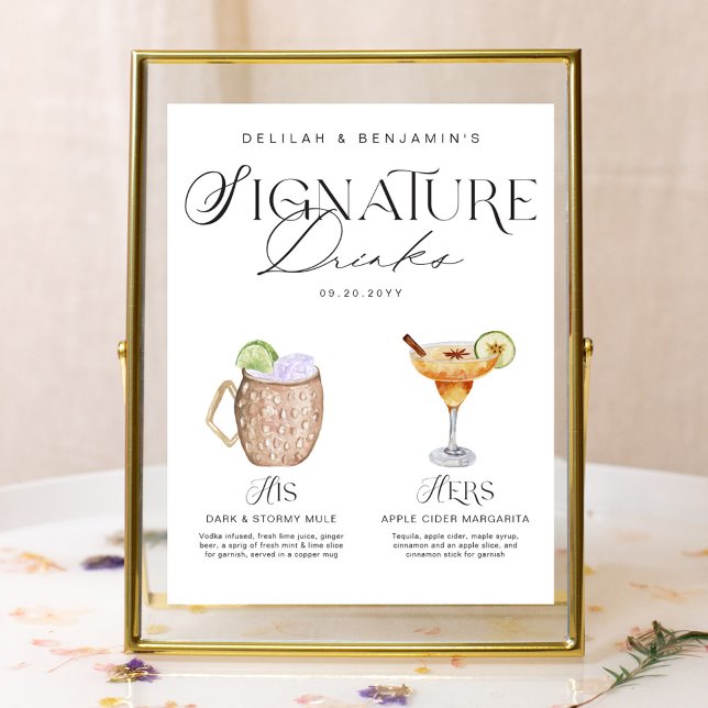 Poster Elegante Watercolor Seu Casamento De Bebida Signat (Elegant Watercolor His Her Signature Drink Wedding Poster)