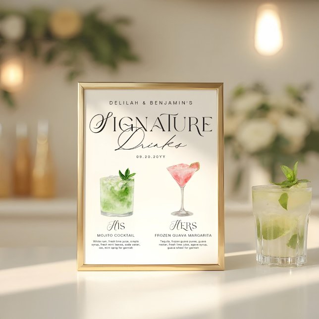 Poster Elegante Watercolor Seu Casamento De Bebida Signat (Elegant Watercolor His Her Signature Drink Wedding Poster)