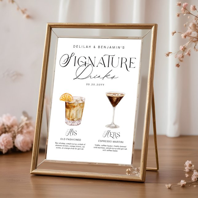 Poster Elegante Watercolor Seu Casamento De Bebida Signat (Elegant Watercolor His Her Signature Drink Wedding Poster)