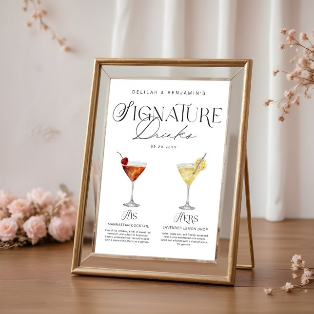 Poster Elegante Watercolor Seu Casamento De Bebida Signat (Elegant Watercolor His Her Signature Drink Wedding Poster)