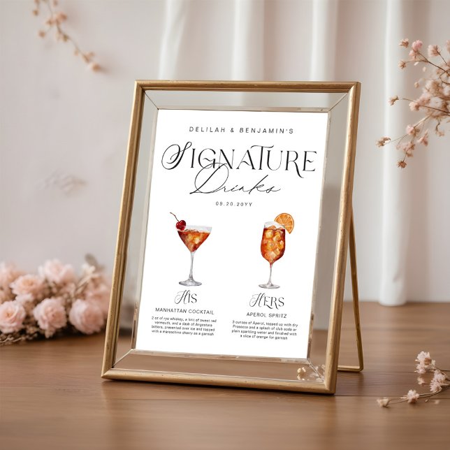Poster Elegante Watercolor Seu Casamento De Bebida Signat (Elegant Watercolor His Her Signature Drink Wedding Poster)