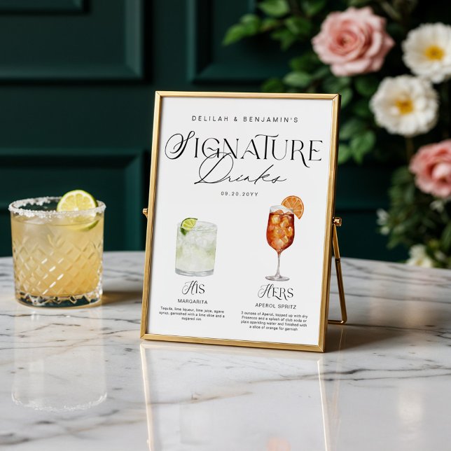 Poster Elegante Watercolor Seu Casamento De Bebida Signat (Elegant Watercolor His Her Signature Drink Wedding Poster)