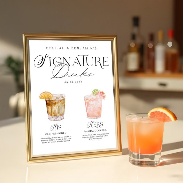 Poster Elegante Watercolor Seu Casamento De Bebida Signat (Elegant Watercolor His Her Signature Drink Wedding Poster)