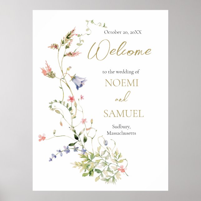 Poster Elegante Watercolor Wildflower Wedding Bem-vindo (Frente)