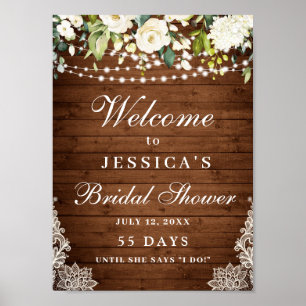 Poster Elegante White Roses Lace Rustic Wood Chá de panel