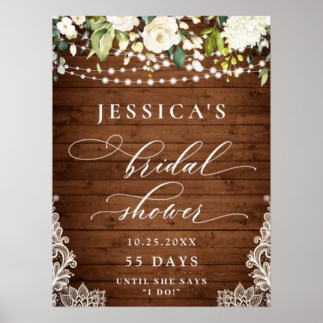Poster Elegante White Roses Lace Rustic Wood Chá de panel (Frente)