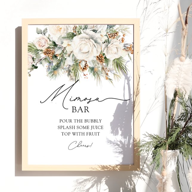 Poster Elegante Winter Floral Greenery Mimosa Bar (Criador carregado)