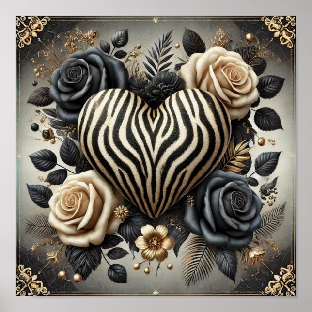 Poster Elegante Zebra Print Heart & Rosa (Frente)
