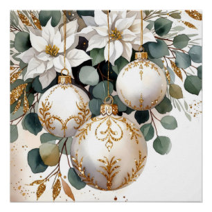 Pôster Elegantes Bolas Brancas e Douradas Aquarela