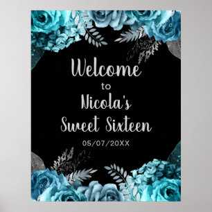 Poster Elegantes Flores Azul Turquesa e Prata Sweet Sixte