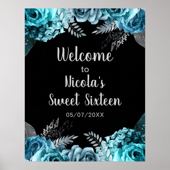Poster Elegantes Flores Azul Turquesa e Prata Sweet Sixte (Frente)