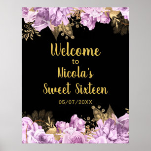 Poster Elegantes Flores Lilás e Douradas Sweet Sixteen
