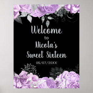 Poster Elegantes Flores Lilás e Prata Sweet Sixteen