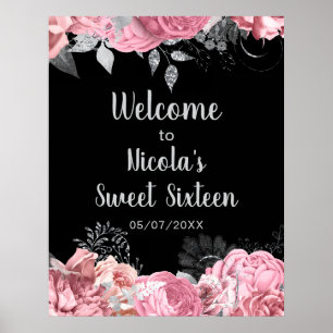 Poster Elegantes Flores Rosa e Prata Sweet Sixteen