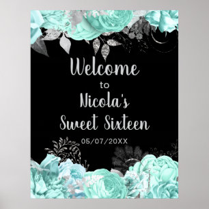 Poster Elegantes Flores Verdes e Prateadas Sweet Sixteen