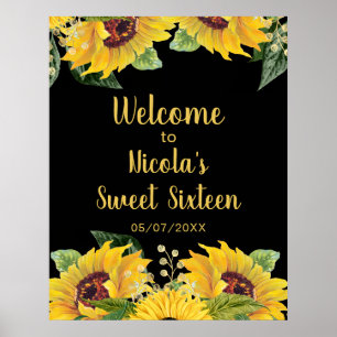 Poster Elegantes Girassóis e Folhagens Sweet Sixteen