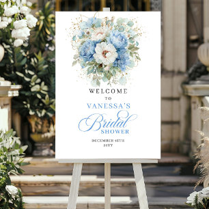 Poster Elegantes Peônias Azuis Douradas Boas-Vindas ao Ch