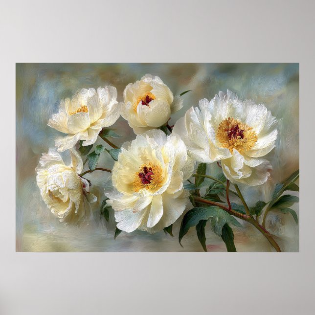 Poster Elegantes Peônias Brancas em Flor (Frente)