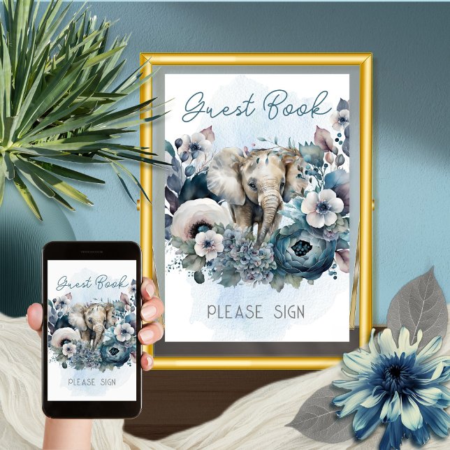 Poster Elephant Blue Chá de fraldas Guest Book Por Favor  (Criador carregado)