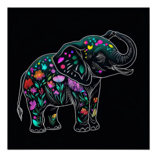 Pôster Elephant Bonito Saluting com Linha Colorida de Flo