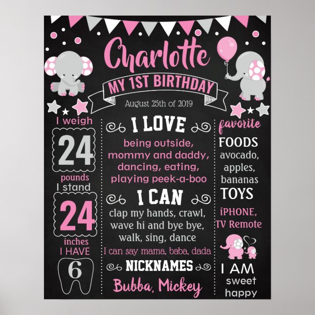 Poster Elephant First Birthday Chalkboard (Frente)