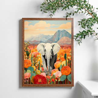 Poster Elephant Floral Desert Mountain Colorido