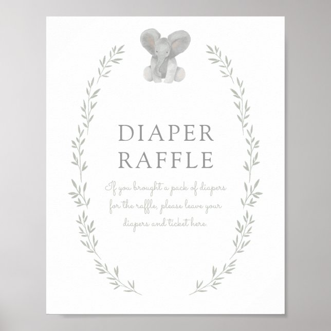 Poster Elephant Greenery Baby Shower Diaper Raffle Sign (Frente)