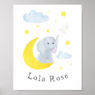 Poster Elephant Moon Stars Nursery Art