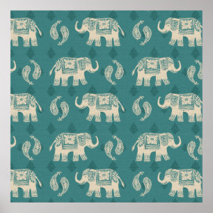 Pôster Elephant Teal Caravan Pattern