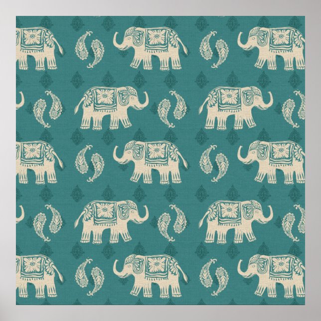 Pôster Elephant Teal Caravan Pattern (Frente)