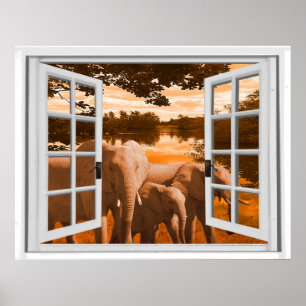 Pôster Elephants Sunset View Trompe l'oeil Falso Window