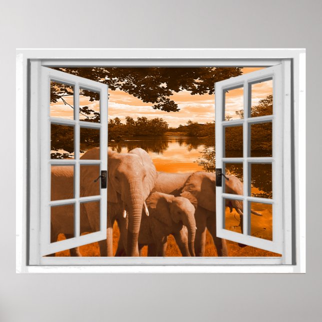 Pôster Elephants Sunset View Trompe l'oeil Falso Window (Frente)