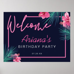 Poster Elétrica Neon Pink Tropical Bem-vindo Aniversári