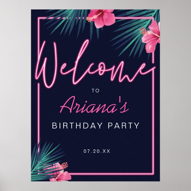 Poster Elétrica Neon Pink Tropical Bem-vindo Aniversário (Frente)